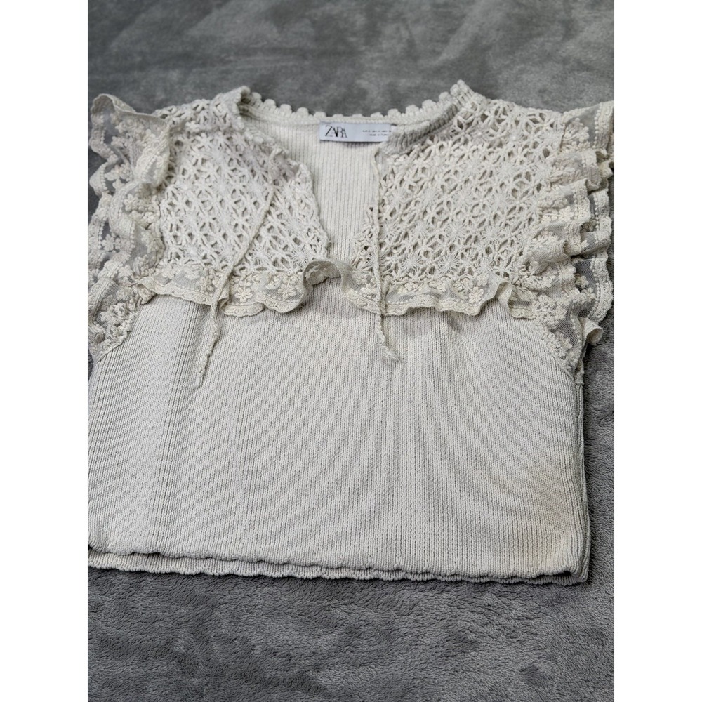 Zara Women's Ivory Solid Knit Lace Ruffle V-Neck Sleeveless Tank Top Medium
